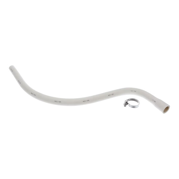A white flexible care hose with a metal clamp.
