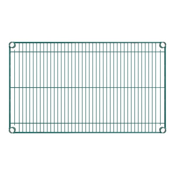 A rectangular green wire shelf with a grid pattern and four corner mounting holes.
