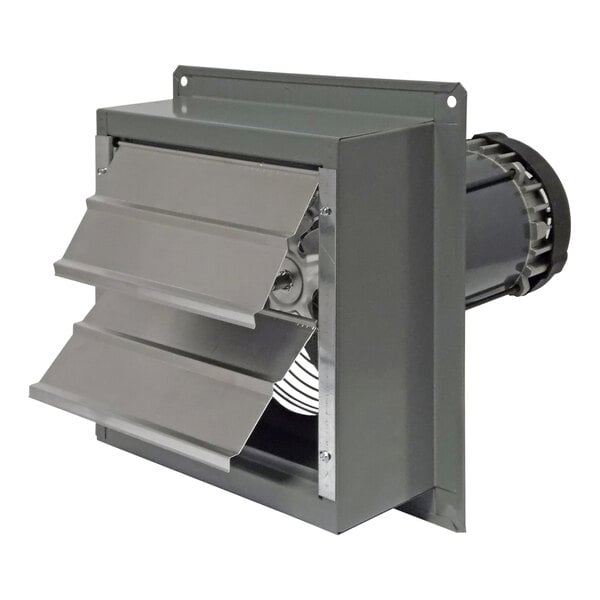 A grey metal box with a Canarm 8'' standard wall exhaust fan on the front.