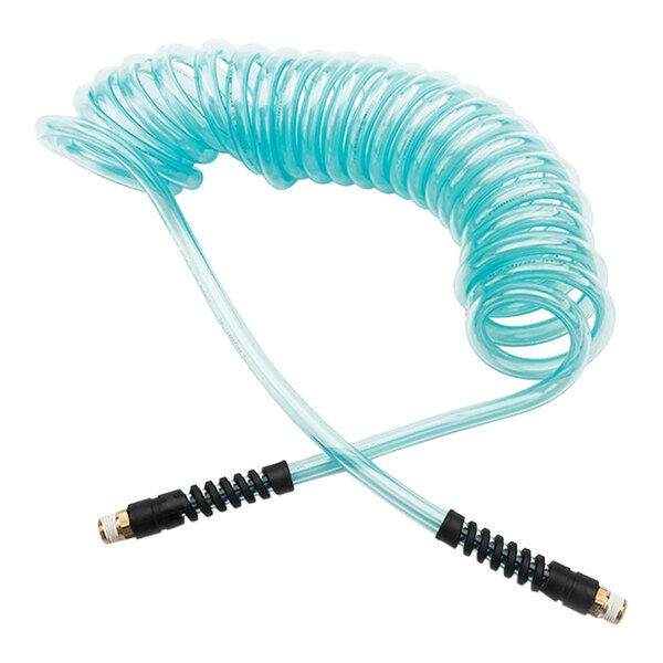 A blue Parker Fast-Stor coiled air hose with black rubber ends.