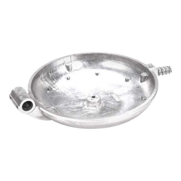 A machined and polished silver metal bowl with a round top and screws.
