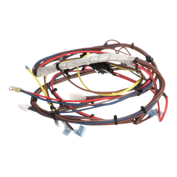 A close-up of a TurboChef line voltage harness with several colored wires.