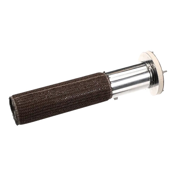 A metal tube with a brown and black handle.
