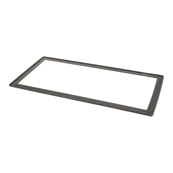 A rectangular metal door gasket with holes in a white background.