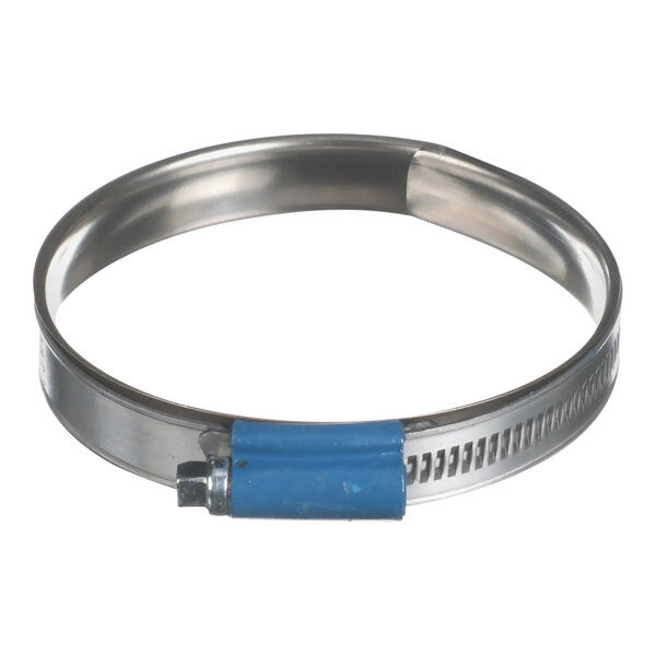 A metal hose clamp with a blue band.