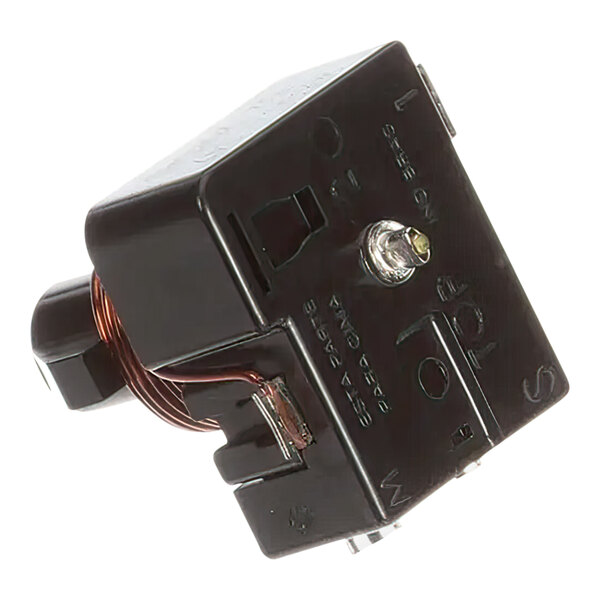 A black square electrical relay with copper wires.