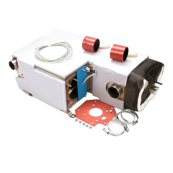 A white box with red and blue hoses inside.