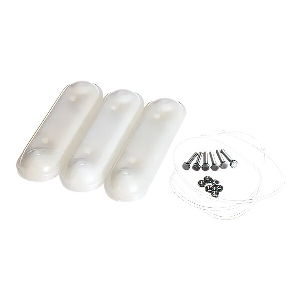 A group of white plastic parts with a string and screws.