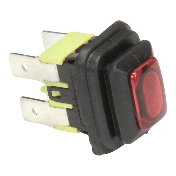 A close-up of a black and red Scotsman reset button with a red light.