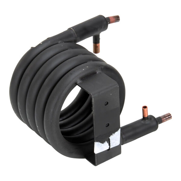 A black coil with copper pipes and a metal holder.