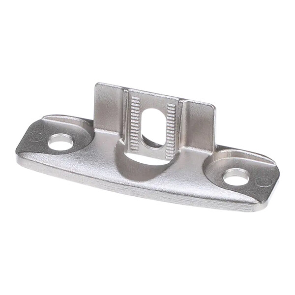 A stainless steel Rational holding bracket with two holes.