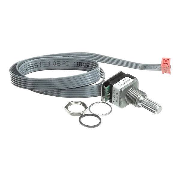 A grey cable with a small metal knob and a couple of metal rings.