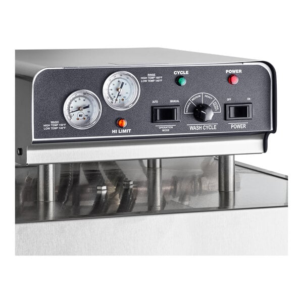 A commercial high temperature dish and sheet pan washer with control dials and indicator lights on a stainless steel exterior.