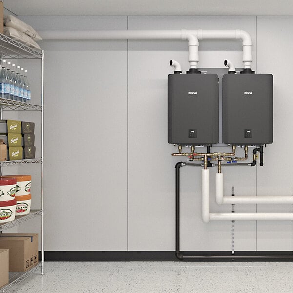 A wall-mounted compact 2 unit tankless rack system with SENSEI CX199i water heaters and connected piping.