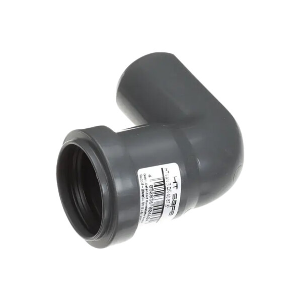 A grey plastic elbow pipe fitting.