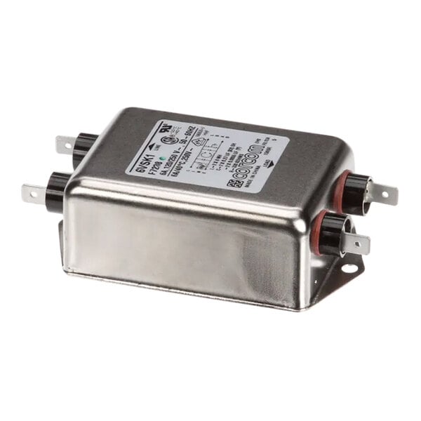 A close-up of a TurboChef Emi Filter. A small metal box with two wires.