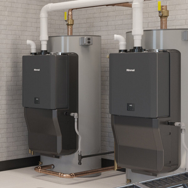 A pair of Rinnai Demand Duo CHS16080HCXiN 80-gallon storage water heaters designed for use with natural gas or liquid propane.