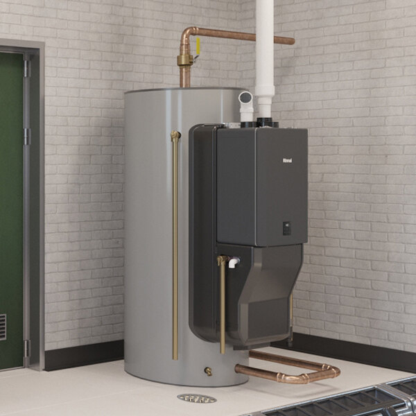 An 80-gallon Rinnai Demand Duo CHS16080HCXiN natural gas or liquid propane storage water heater with a vertical cylindrical tank and attached control unit.