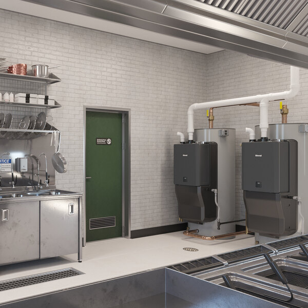 An 80-gallon Rinnai Demand Duo CHS16080HCXiN storage water heater system with two wall-mounted units and connected piping in a commercial kitchen setting.