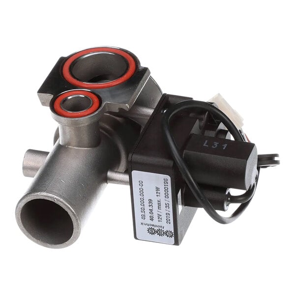A metal Rational ball valve with red and black circles.