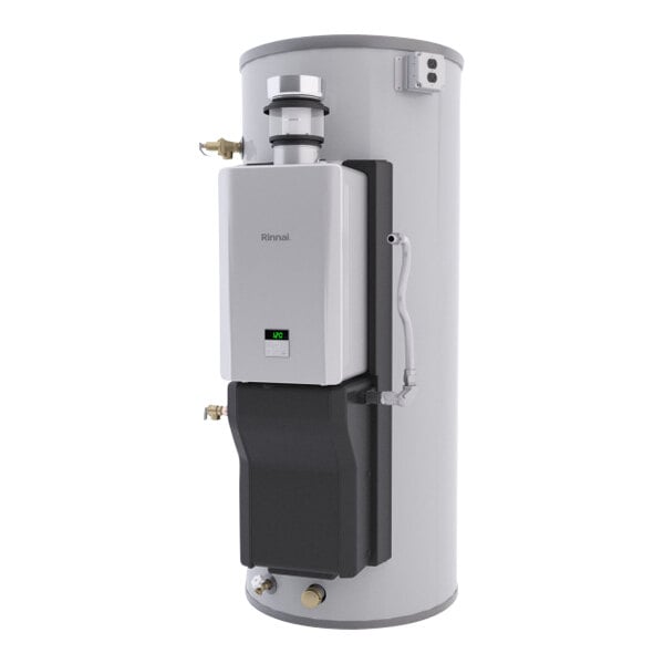 A white rectangular Rinnai Demand Duo water heater with black text and a black handle.