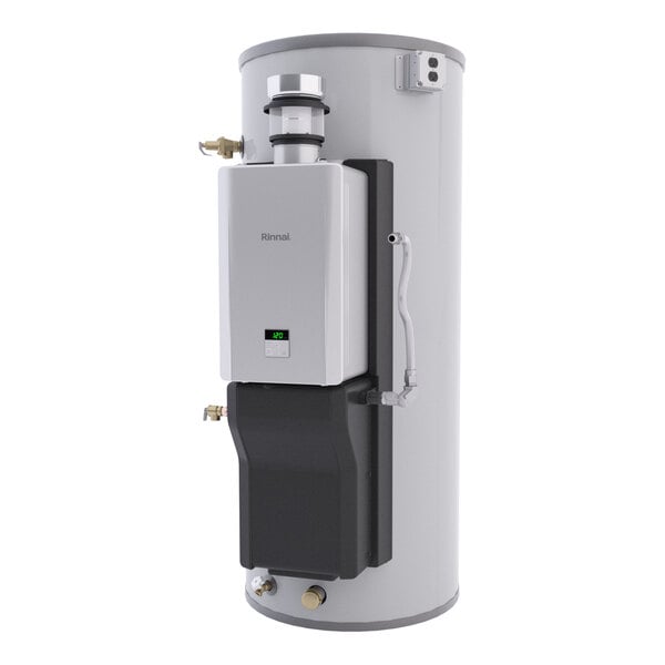 A large cylindrical Rinnai Demand Duo R-Series liquid propane storage water heater with attached control and vent components.