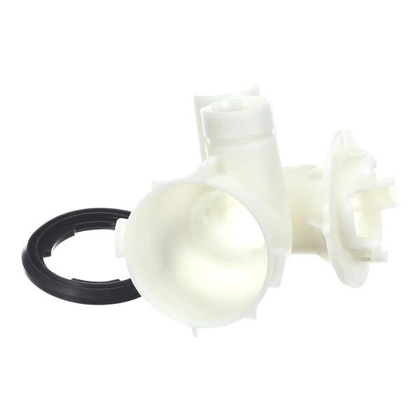 A white plastic pump housing with a black ring.