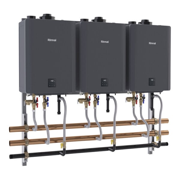 A black rectangular Rinnai tankless water heater rack with white labels on the black rectangular water heaters.