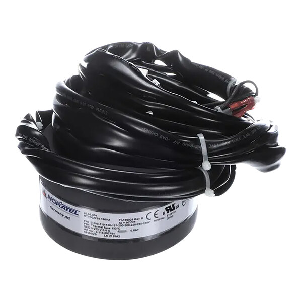 A black electrical wire wrapped around a round container.