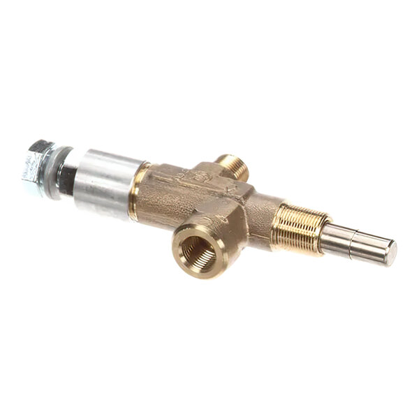 A close-up of a Wells brass valve with a brass handle.