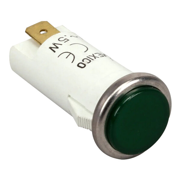 A close up of a green Wells pilot light button on a white background.