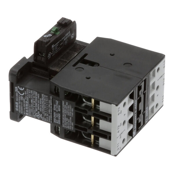 A close-up of a black and grey Rational contactor with two terminals and two wires.