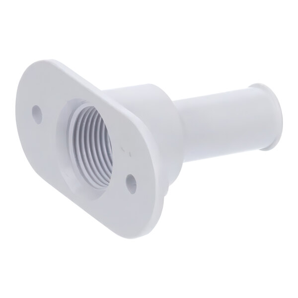 A white plastic pipe fitting with a screw.