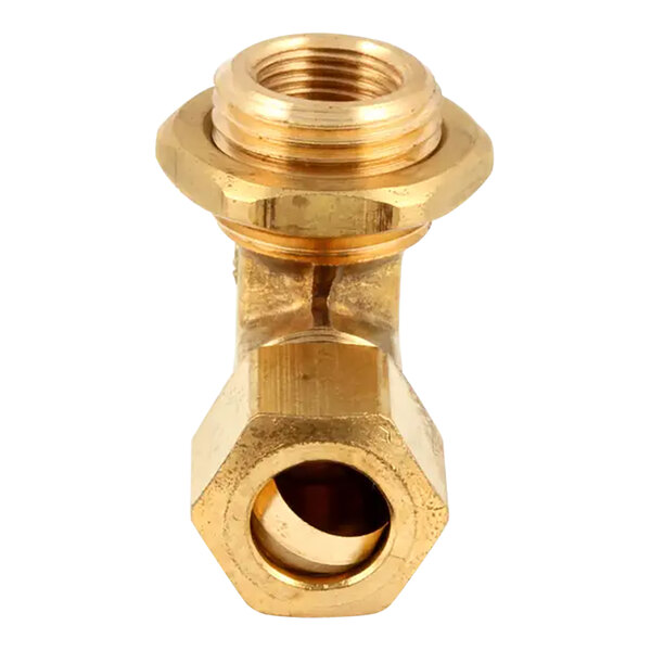 A gold metal pipe with a brass nut.