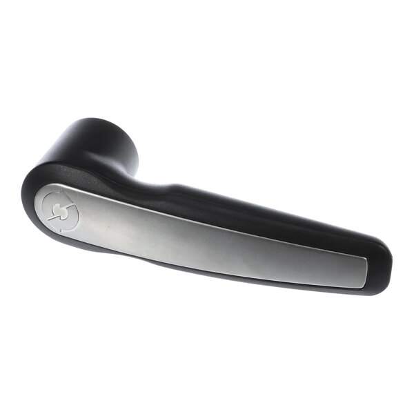 A black and silver Rational door handle with a silver pipe.