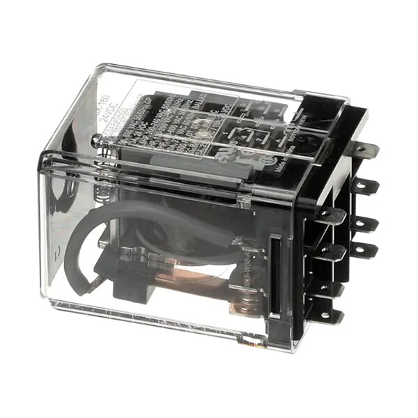 A transparent box with a black and silver wire containing a small black and white TurboChef mechanical relay.