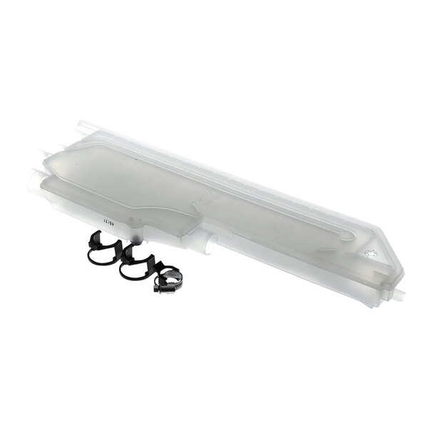 A white plastic tube with a black strap and two rings.