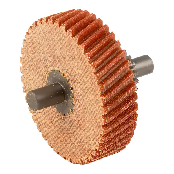 A close-up of a metal Scotsman gear with a shaft.