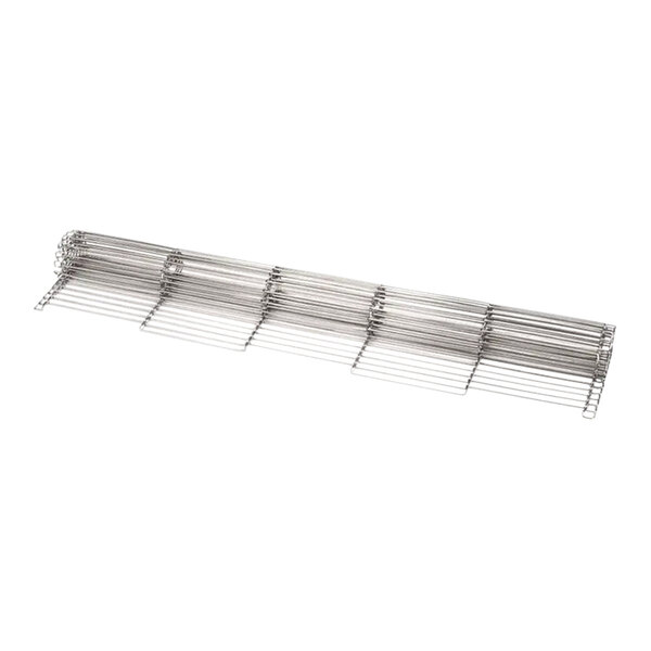 A stack of metal rods with a metal grid shelf.