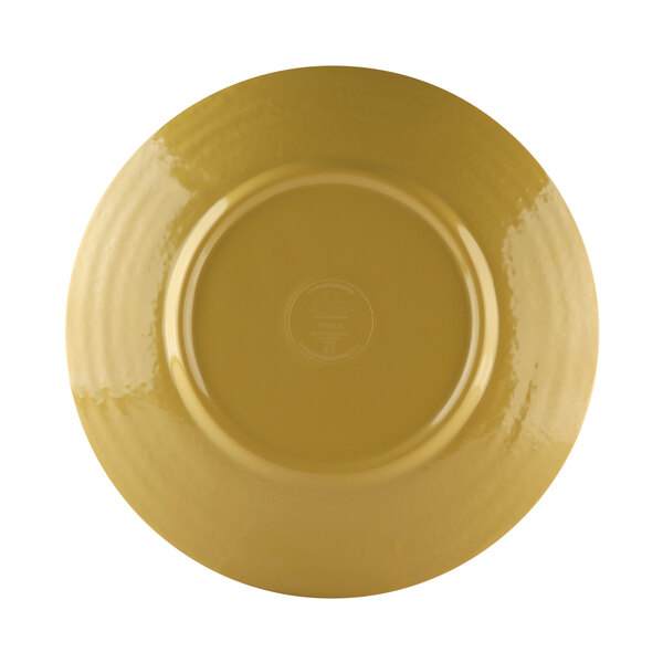 A close-up of an olive oil-colored Elite Global Solutions round plate.