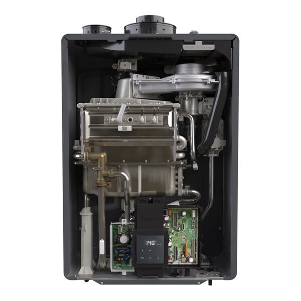 A wall-mounted Rinnai SENSEI CX199iN tankless water heater designed for indoor or outdoor use, shown with its internal components visible.