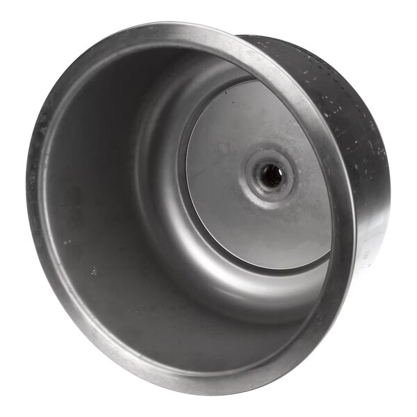 A stainless steel round metal pot with a hole in the middle.