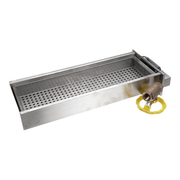 A metal drawer with a drain and a valve.