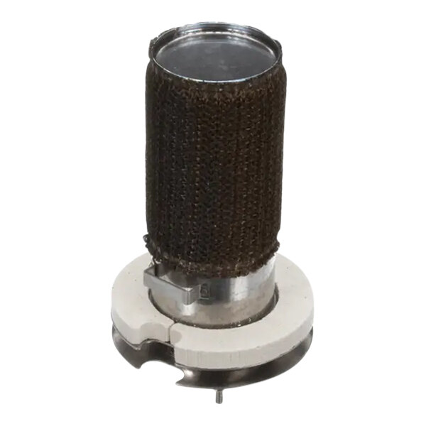 A metal cylindrical filter with a black cover on top.