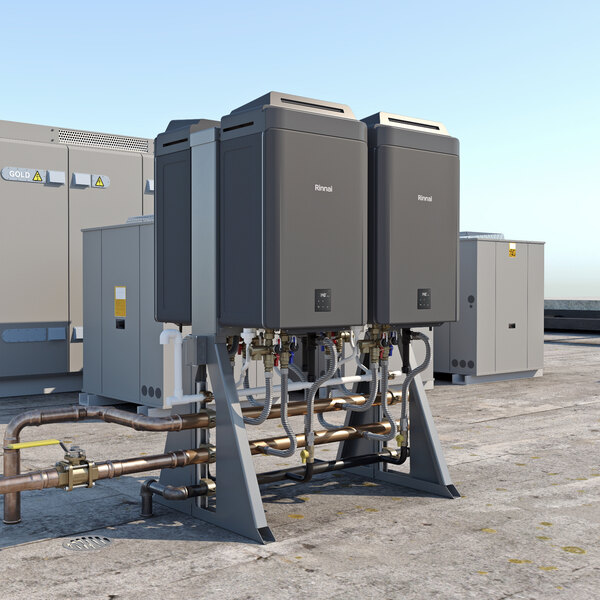 A pair of Rinnai SENSEI CX160iN wall-mounted tankless water heaters installed outdoors with visible piping and support stands.