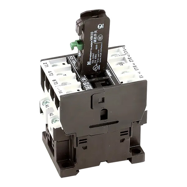 A black and white Rational contactor with two terminals and two wires.