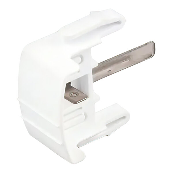 A white plastic Scotsman plate service packout clip with metal ends.