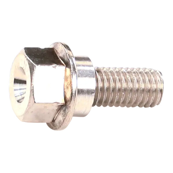 A close-up of a stainless steel Rational hex screw with a nut on it.