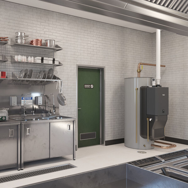 An 80-gallon Rinnai Demand Duo CHS19980HCXiN storage water heater with a vertical cylindrical tank and attached heating unit, installed in a commercial kitchen setting.