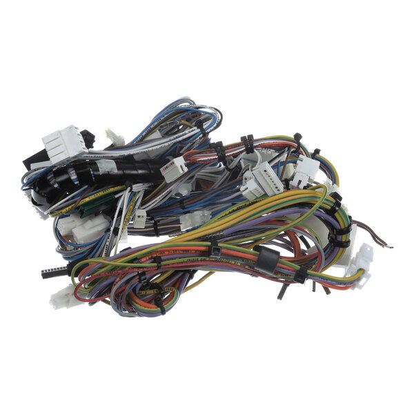 A close-up of a bunch of colorful wires on a white background.